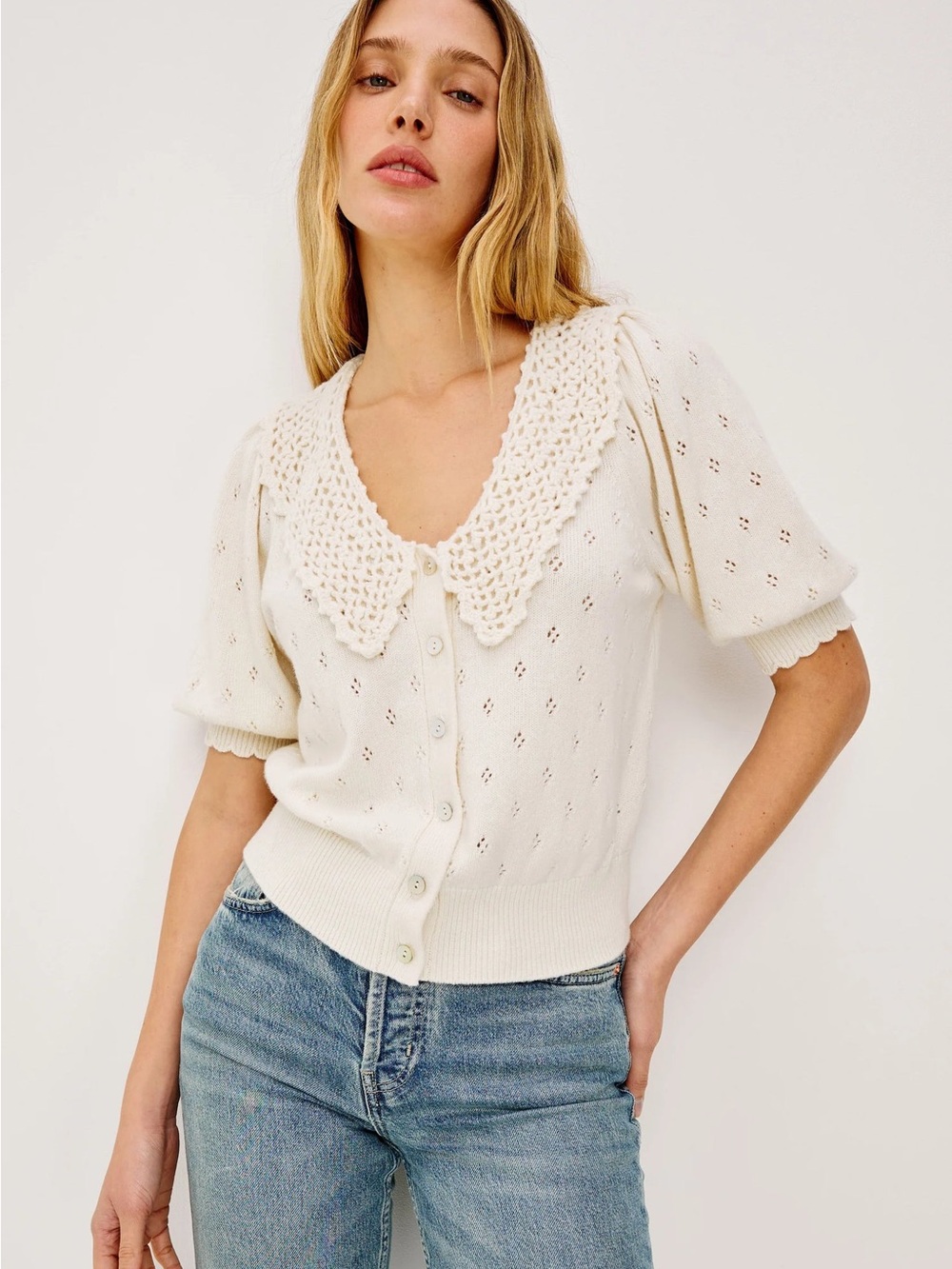 Rails Mindy Crochet Collar Button-Front Knit Sweater Top - Cream
